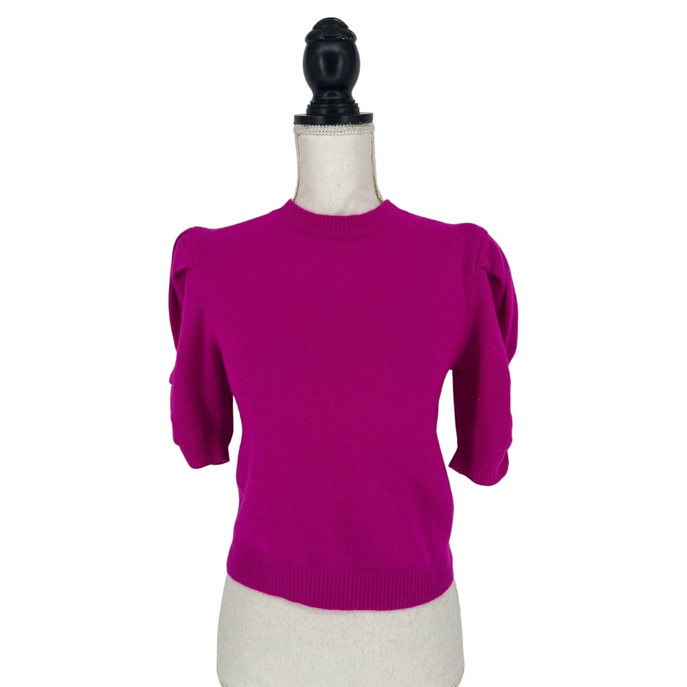FRAME Frankie Ruched Sleeve Cashmere Sweater Magenta Puff Sleeve Knit XS - Picture 2 of 13